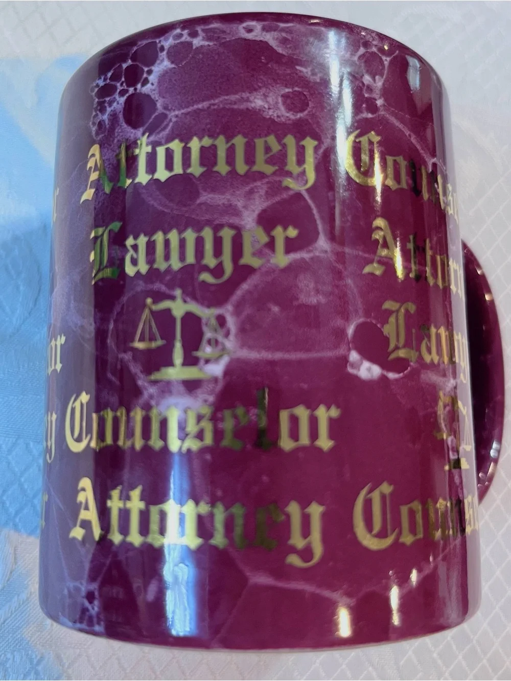 Attorney-Themed Ceramic Coffee Mug in Maroon with Gold Lettering